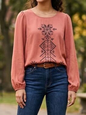 Everly Pink Long Sleeve Blouse Lightweight Flowy Feminine Top